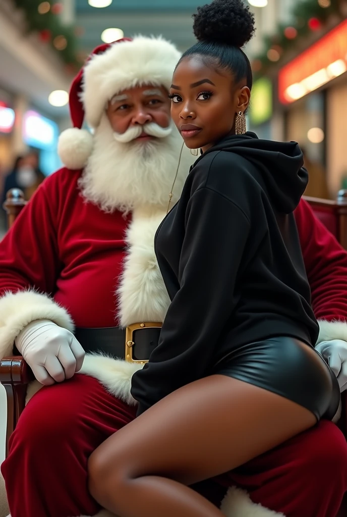 black woman hair in a bun black hoodie black leather short shorts butt cheeks showing excited and eyes wide open on her face setting in santa claus lap at the mall 8k