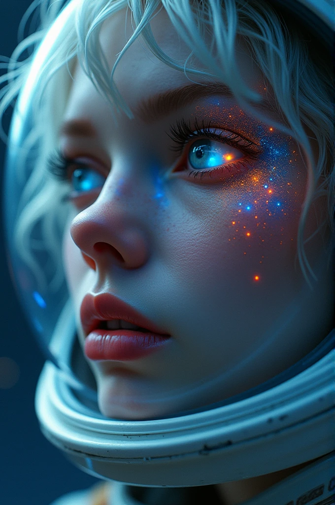 (Close-up of a better masterpiece:1.5)0.9], (Space and astronauts:1.2) (Messy silver hair:1.1) (Heterochromia xanthochromia and blue eyes:1.2) (Space Helmet:1.0) (Colored stars in the eyes:1.0) (A radiant glow:1.1) (thick lips:0.9)