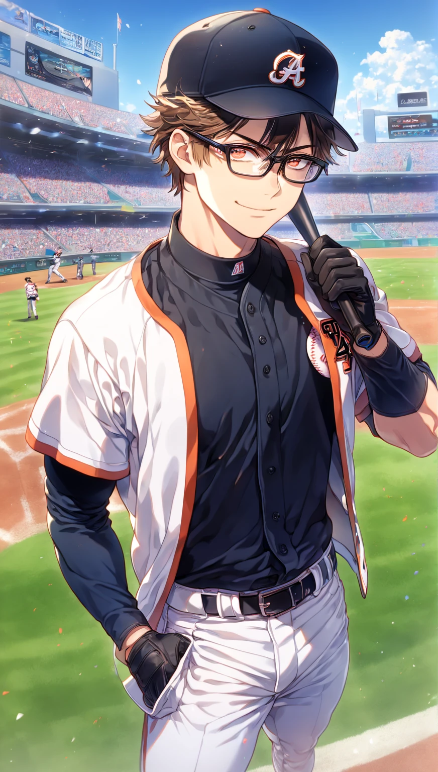 absurdres, highres, ultra detailed, HDR, master piece, Miyuki Kazuya, brown hair, expressive amber eyes, black glasses, white baseball uniform, Diamond No Ace, sexy man holding a baseball bat, handsome, best quality, fantasy, magical, solo, sensual, stadium, blue sky, handsome smile, manly man, black gloves, white pants
