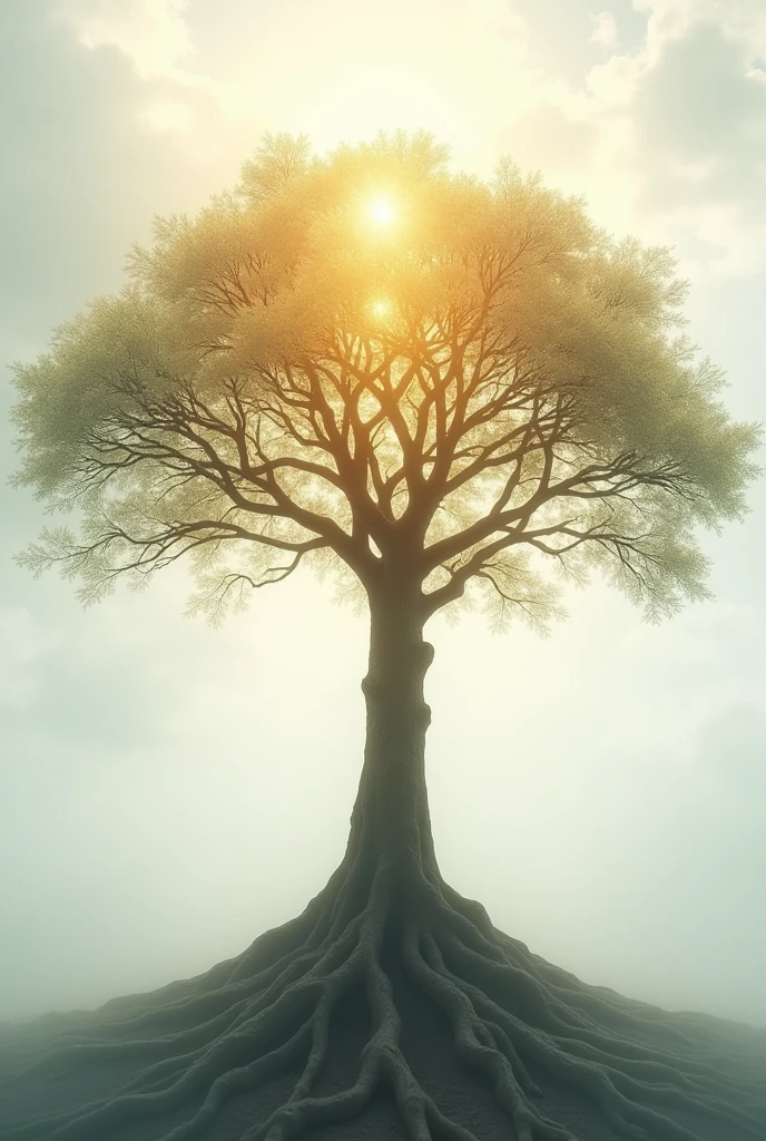 white background, towering tree with branches stretching towards the sky, deep roots and delicate leaves illuminated by a soft glow. with the title "God and I" centered on the cover. Written in Garamond font.