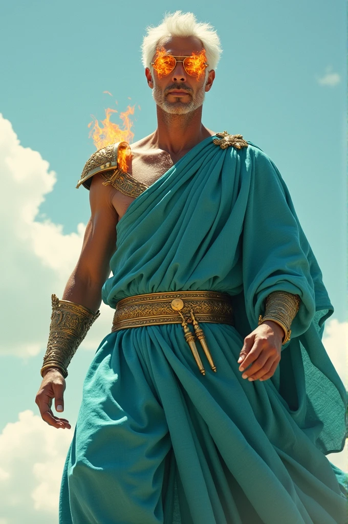 A man dressed in a turquoise linen tunic, his shoulders girded with gold, his arms, hands and feet of bronze White hair Add flames of fire in the eyes With a sky background