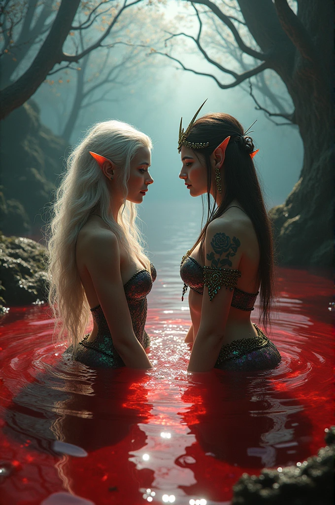 Mermaid talking to elf in blood lake