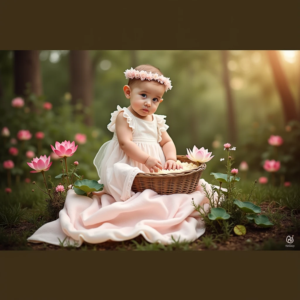 there is a baby girl sitting on a blanket in a garden, a picture inspired by Anne Geddes, tumblr, art photography, in pink forest, sweet and innocent, in a whimsical fairytale forest, sitting in the rose garden, very magical and dreamy, sitting with flowers, lotus floral crown girl, outdoor fine photography, girl in a bed of flowers, cute photo