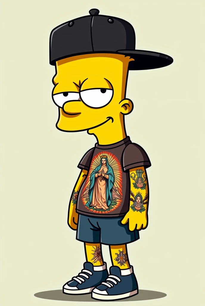 Create a png image of Bart Simpsons just like him in the cartoon! With his entire arm tattooed with a tattoo of God and Our Lady! And with a black cap!