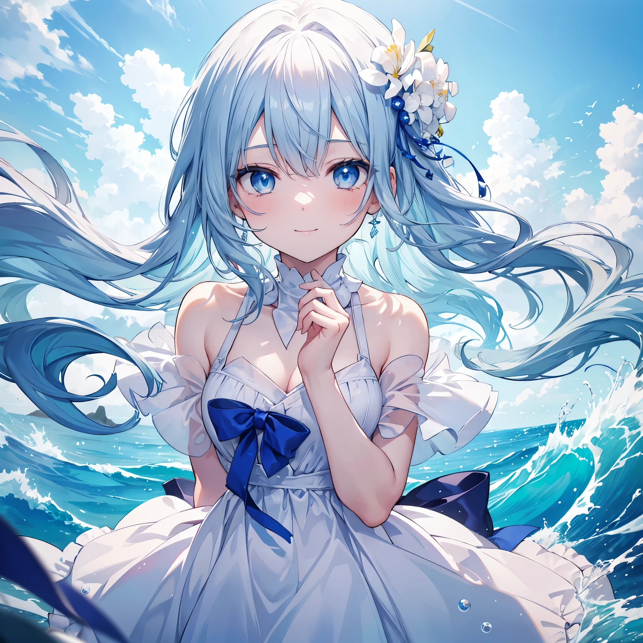 ((Masterpiece, Ultra High Quality, Vtuber Style)) A translucent white-skinned girl with light blue eyes and loose, medium-length blue hair styled in ocean waves. She wears a simple white dress with some blue accents at the end of the dress. She is standing in an ocean with a clear blue sky, she is looking at the viewer with a gentle, smiling gaze.