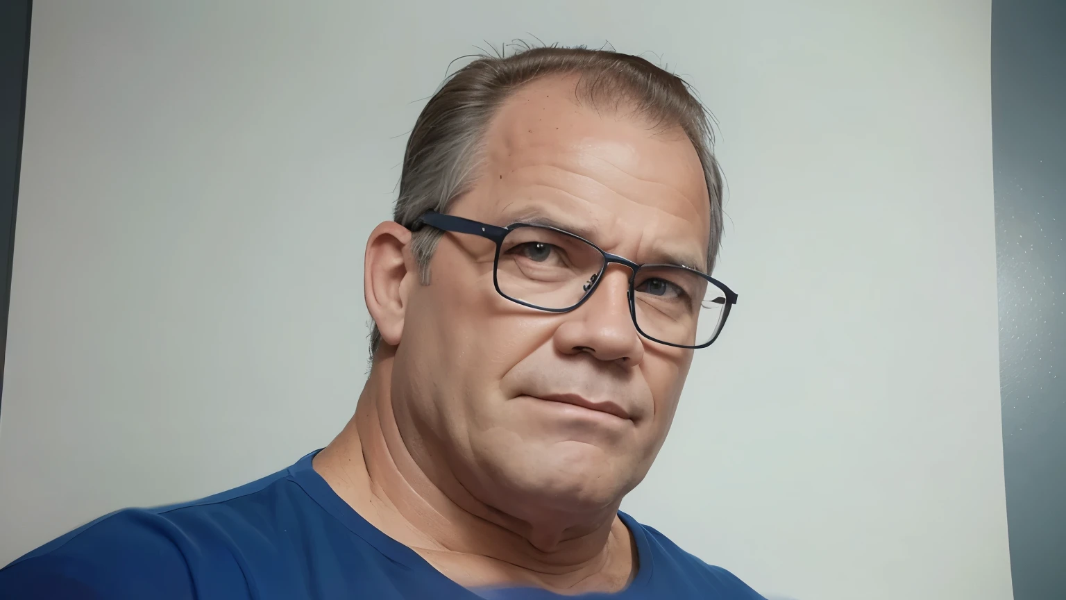 DClark, D_Clark, a sketch of a strong man with glasses, drawn on paper with a blue ballpoint pen, on an office, simple lines, poor drawing, light background, cartoon style, caricature, simple lines, simple drawing, colored pencil