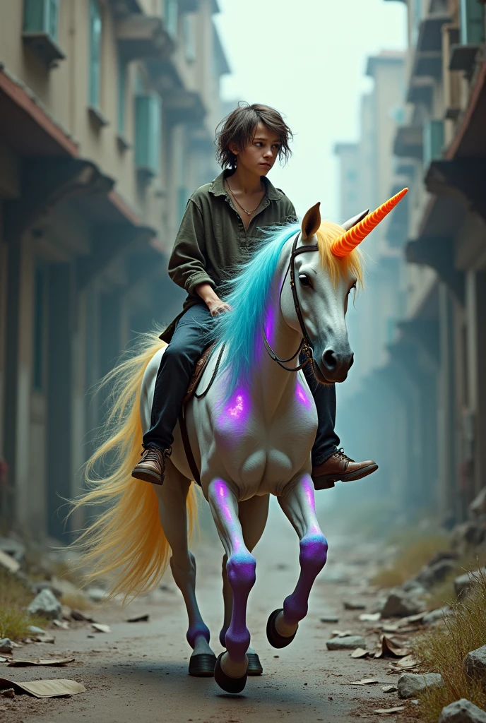 Draw a very young homeless man riding a colorful unicorn