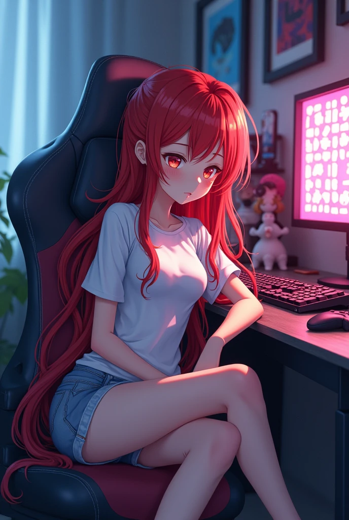 Anime style, Tall girl, Long red hair, slim, gamer, sleeping in her gaming room