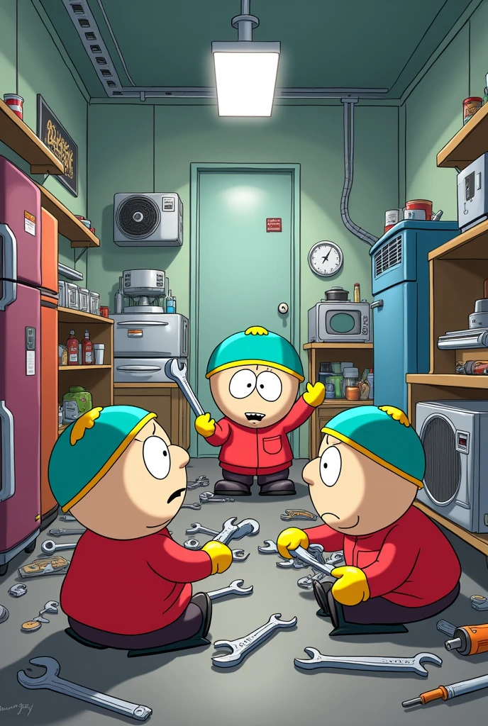 Make a drawing of the South Park series in which the characters are playing with work tools such as polishing wrenches in an air conditioning repair workshop in which there are domestic air conditioners., Refrigerators and work tools on the floor or tables