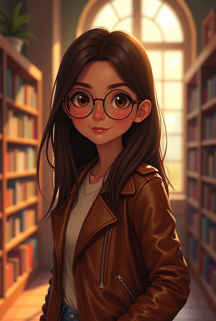 Pixar style poster of a 1 girl with straight hair, long, brown hair and semi-round glasses and brown eyes and casual clothing in a library with a leather jacket and posing for a photo