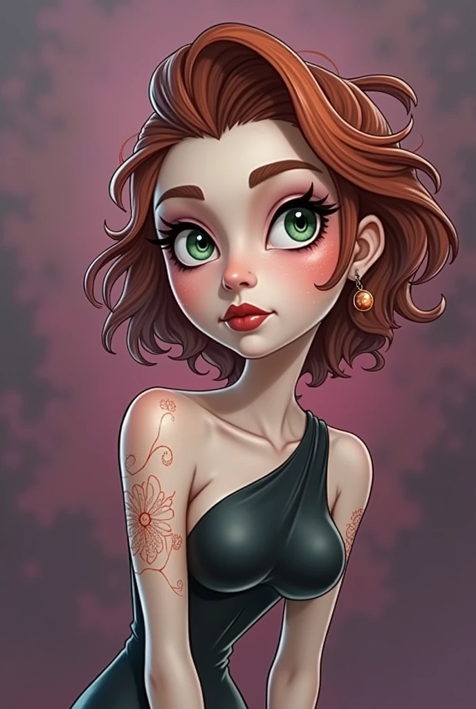 Salma character of day of the dead, green eyes, Big breasts and hips, short red hair and wears a long tight black dress 
