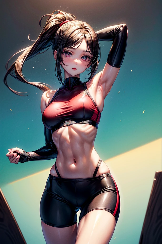 ((highest quality)),(ultra high resolution),(Super detailed), (best work of art), (1 young girl:1.5), beautiful and well-shaped face:1.5,(Beautiful skin with precise and detailed depiction:1.6),(sports bra and waist band nylon shorts ),gorgeous, masterpiece, best quality, high-resolution, finely detailed, extremely detailed and beautiful, distinct-image, hourglass figure,, 1 girl, 1 teenager, solo, sharp facial features, oval shaped face. cherry red lips,. velvet-colored eyes, C-cup breasts, tall height(175cm), slim curves, toned body type, flowing waist length ink-black dark violet hair, small narrow waist, long and slender legs, curvy wide hips, modern athletic setting, lightly tanned white skin