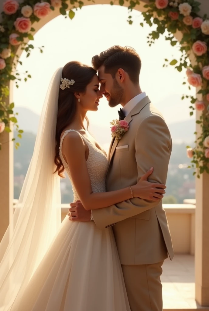 Bride in white dress from behind kissing groom in beige suit and black tie