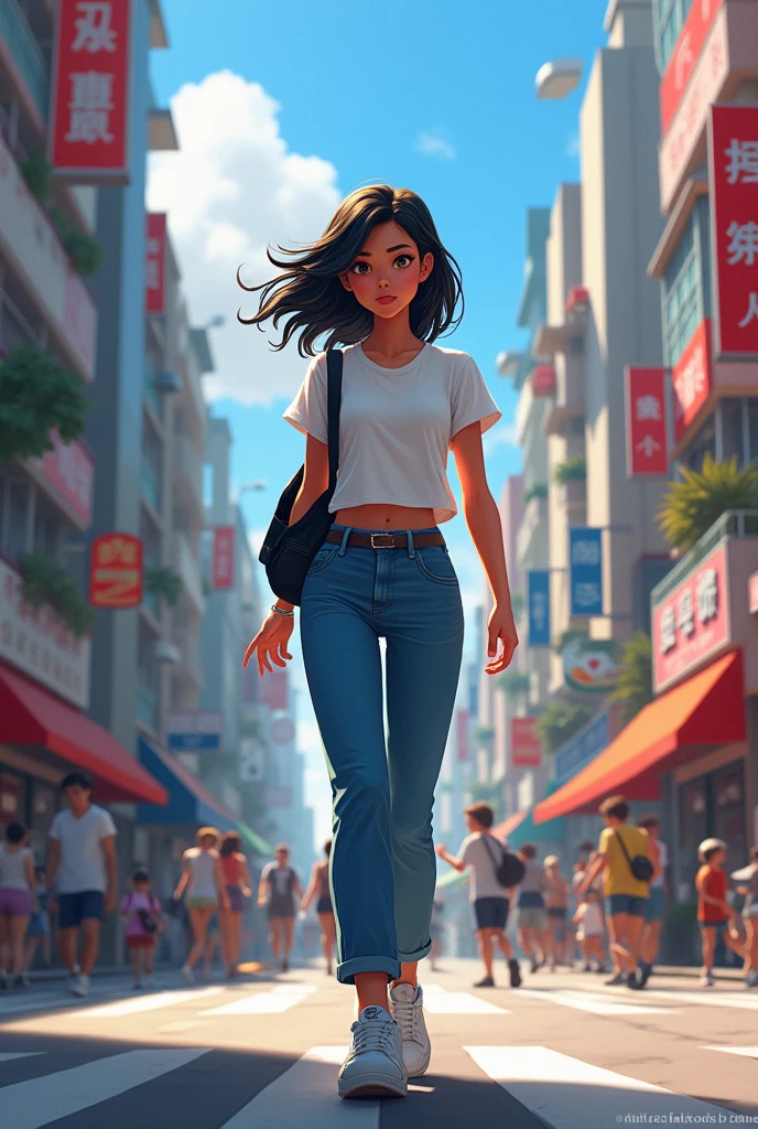 Image of a young black haired corenl dressed in blue jeans and a white shirt walking outside on the street in a busy city