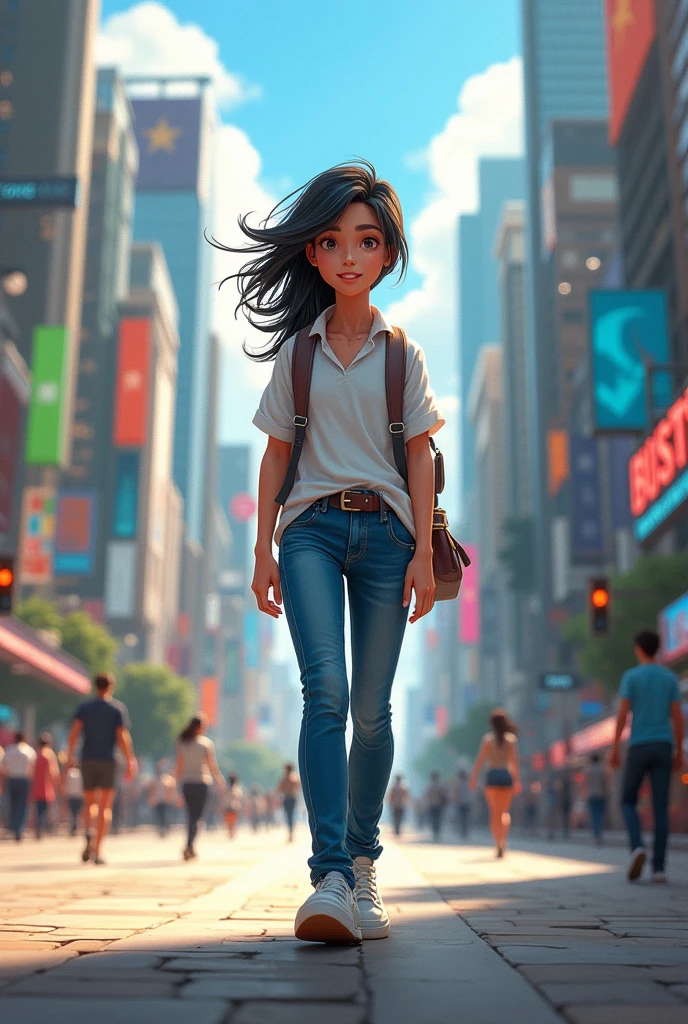 Image of a young black haired corenl dressed in blue jeans and a white shirt walking outside on the street in a busy city