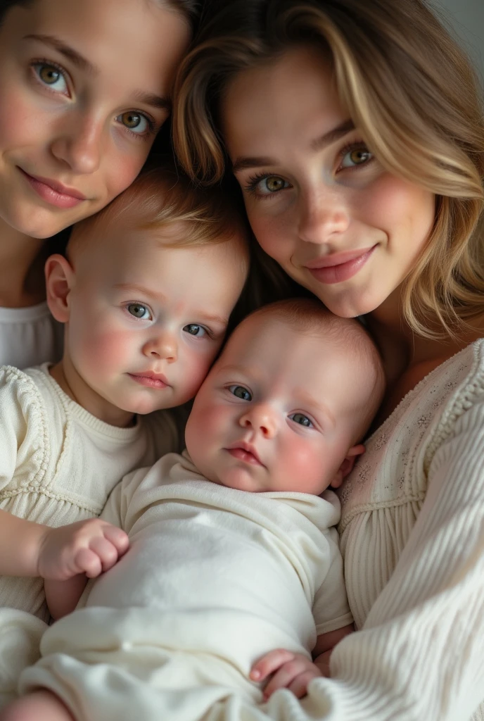 Three white-skinned sons of 9, another newborn and his 2 mother all with beautiful honey colored eyes