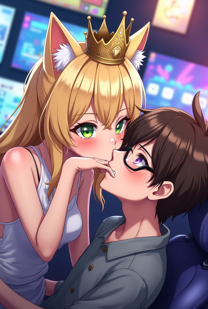 An anime gaming girl with cat ears a crown blonde hair and green eyes bites a gaming boy with brown eyes and brown hair and wearing glasses  