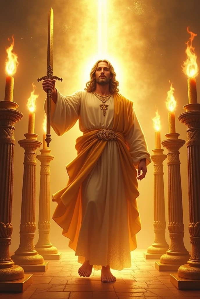 seven golden candlesticks,
and in the midst of the seven candlesticks, to one like Jesus Christ, dressed in clothing that reached to the feet, and girded around the chest with a golden girdle.
His head and hair were white like white wool., like snow; his eyes like a flame of fire;
and his feet like polished bronze, glowing like in an oven; and his voice like the sound of many waters.
He had seven stars in his right hand; From his mouth came a sharp two-edged sword.; and his face was like the sun when it shines in its strength.