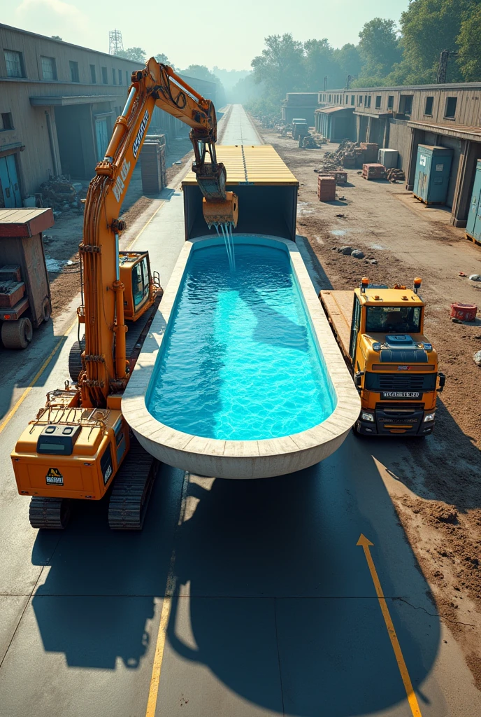 (photorealism:1.2), We lifted the pool onto the wide load truck with an excavator 