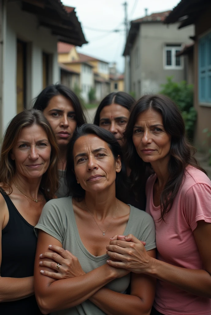a selfie with a gathering of poor women who suffered possible domestic abuse, in a favela, that looks like an amateur photo