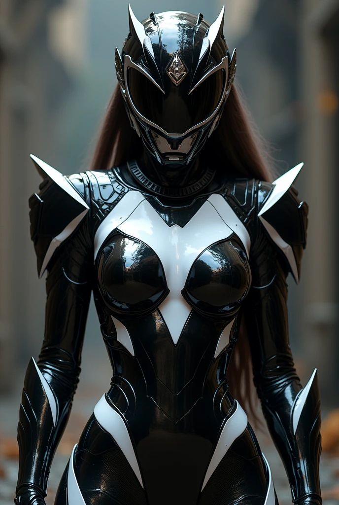 Power Ranger Black with white armor 
girl in full shining armor with armor covering her face too, facing front, color BLACK with a little touch of WHITE ARMOR and face FULL cover with hair