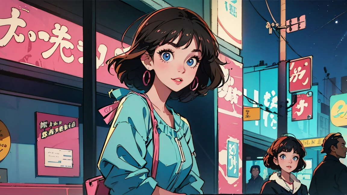 highest quality, masterpiece), 1 Girl, 1980s \(style\)Beautiful smile,Gazing at the audience,\(style\)Upper Body,,pin up ,\(style\), Black Hair,\(style\), citypop, lofi,\(style\),1980s fashion,casual,1980s fashion, \(style\)tokyo,Building district,Pink-hued streetscape,neon,Night view,Electronic bulletin board