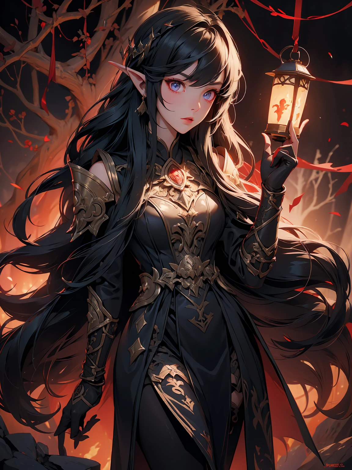 (((masterpiece, best quality, 16k))) girl with red eyes holding a glowing lantern in a dark forest, dark elf, dark fantasy style art, dark elf princess, dnd portrait of a tiefling, epic rpg portrait, alena aenami and artgerm, extremely detailed artgerm, epic fantasy art style, in style of dark fantasy art, epic fantasy digital art style, with red glowing eyes((full body view))