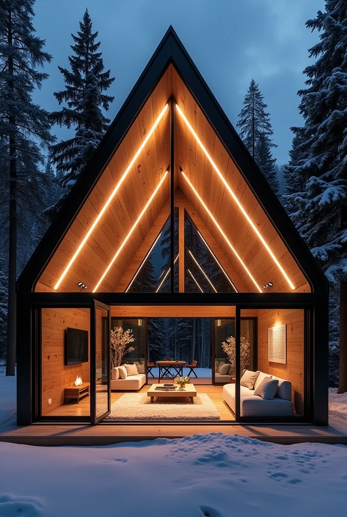 create a photo taken from the inside out of a large, modern chalet made of iron and glass in the middle of the forest at night with warm white LED lighting, large carpet in the living room, sofa with towel fabric, minimalist style with neoclassical and modern industrial triangular ceiling with. dark at night outside