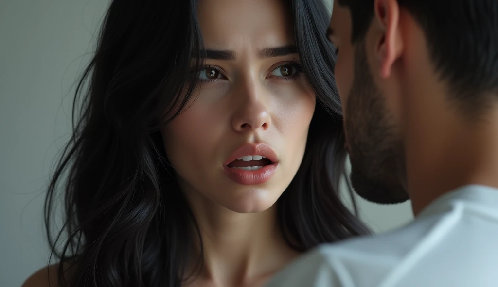 white skinned woman with long black hair,2, ultra realistic beautiful woman with detailed face, ultrarealistic photograph, she is arguing with her husband