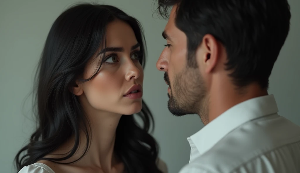 white skinned woman with long black hair,2, ultra realistic beautiful woman with detailed face, ultrarealistic photograph, she is arguing with her husband
