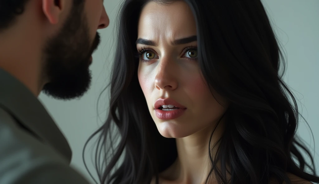 white skinned woman with long black hair,2, ultra realistic beautiful woman with detailed face, ultrarealistic photograph, she is arguing with her husband