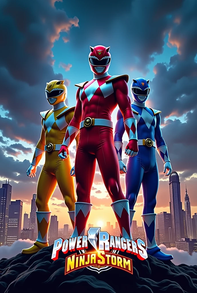 movie poster for the return of power ranger ninja storm with red, yellow and blue ranger