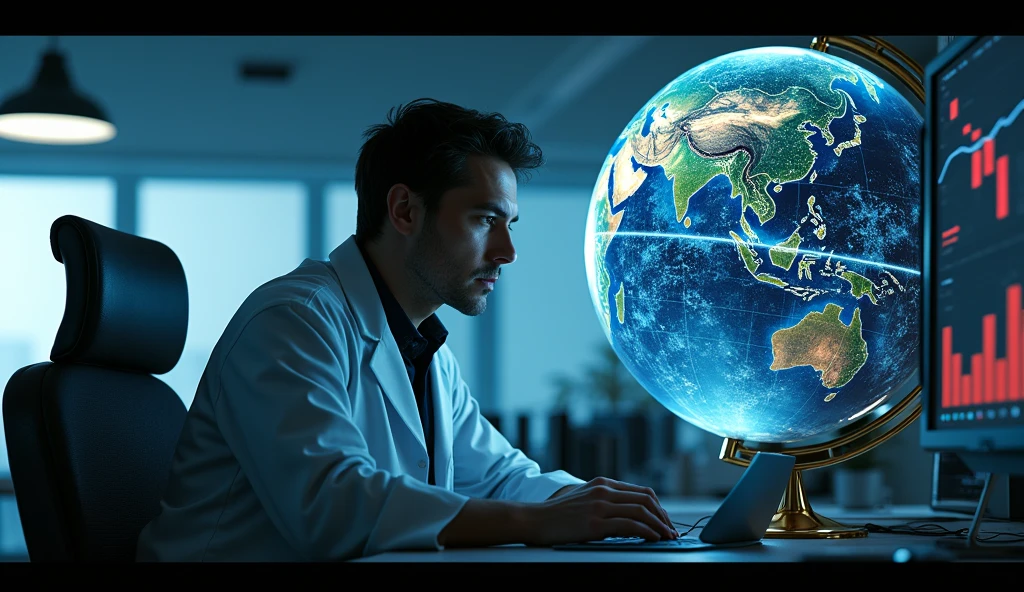 "A person studying a large celestial globe in a modern office, with financial graphs and charts projected onto it. The atmosphere should be one of discovery and insight, blending the ancient and modern worlds. --ar 16:9"