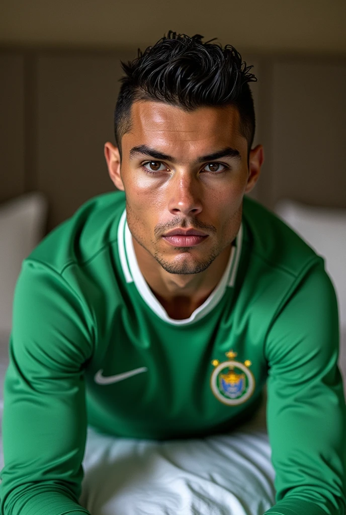 Cristiano Ronaldo, with the Green ranger mighty morphin costume, without helmet, lying on a bed, clear skin (No Beard or Mustache) Cr7, muscles, looking to the camera