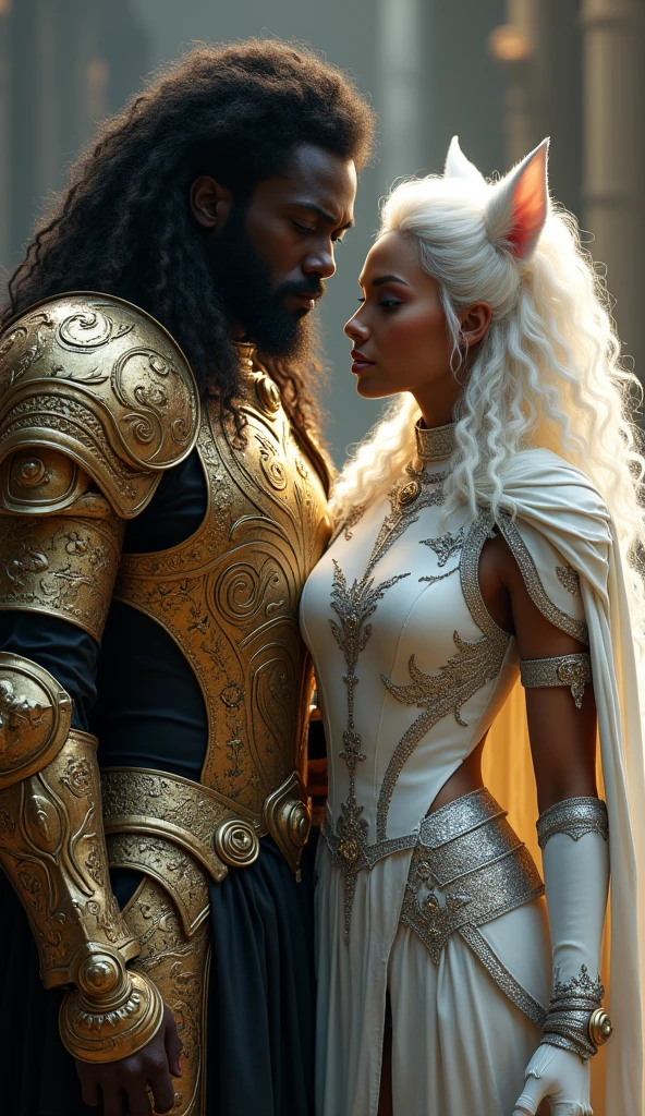 A mulatto-colored man and woman with black and gold armor and a cape related to the Knights of the Zodiac, His armor will have the combination of a lion spirit and a puma and his human companion with a white armor with the spirit of a white dog