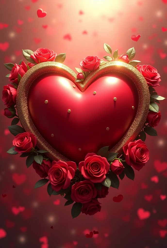 Heart with golden edges with red roses around it and the text Yane & Pedro