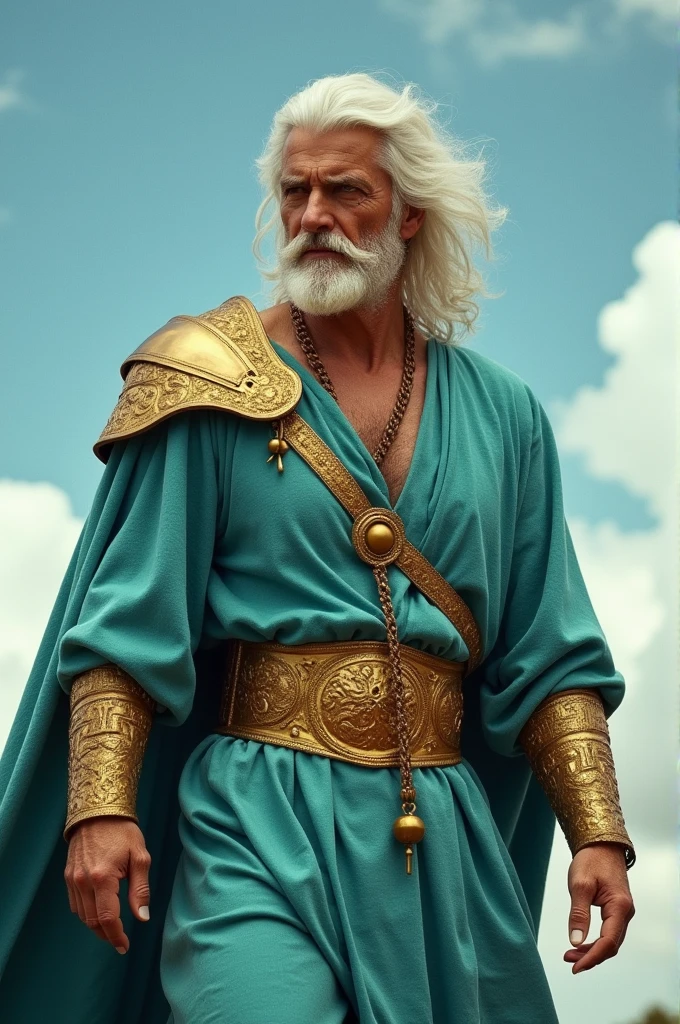 A man dressed in a turquoise linen tunic, his shoulders girded with gold, his arms, hands and feet of bronze Long white hair Add flames of fire in the eyes With a sky background