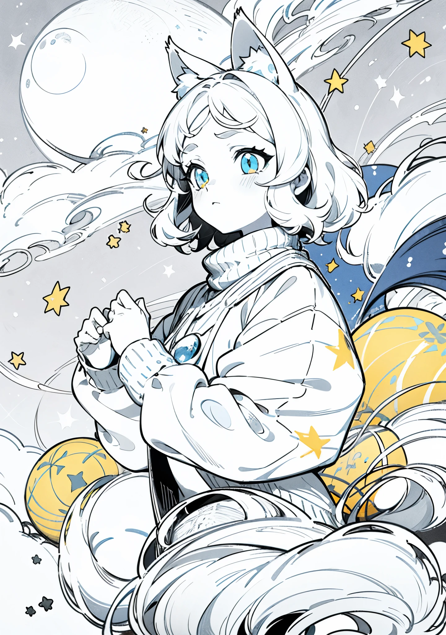 an anime style girl with short wavy hair, com Cat's ears saindo do topo da cabeça. Seus eyeballs são grandes e amarelos, with a calm and serious expression. She has facial markings that resemble cat whiskers.. She is wearing a dark sweater with stars scattered across it.. The background features a large yellow moon and several stars, creating a nocturnal and magical atmosphere. Attention must be paid to hair details, eyeballs, Cat's ears, and the star pattern on the sweater to create an engaging and charming atmosphere. Anime Lineart /