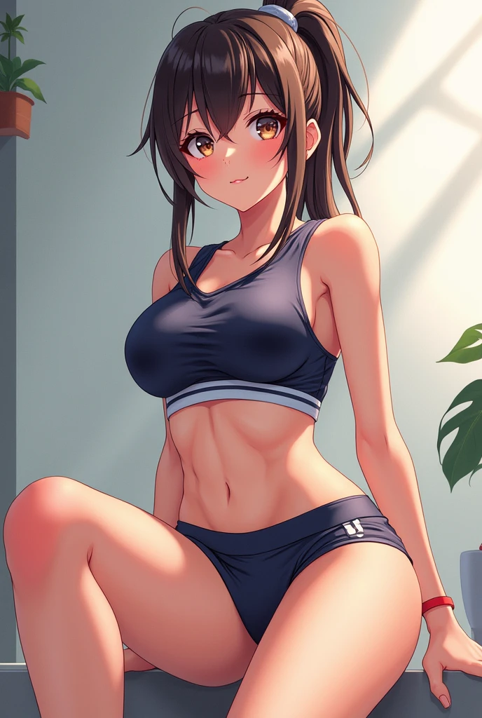 Hot anime girl wearing volley ball short and shirt sitting big hips