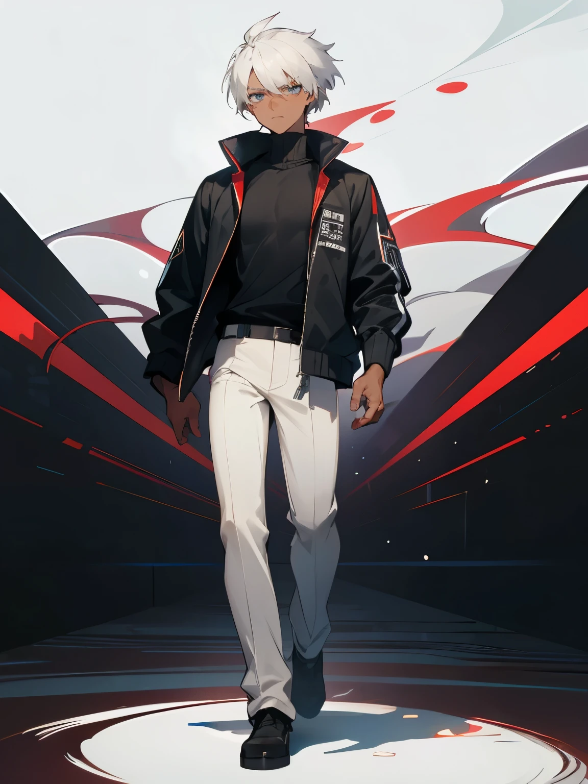 1male, Dark Skin, Adult Male , Modern Undercut Hair , Messy White Hair , Pale Blue Eyes , Lean Musular , Black Longsleeve Fitted Jacket ,White Fitted Turtleneck, Baggy Grey Pants with red swirl patterns , Combat Clothing , Standing On path , Serious Expression 