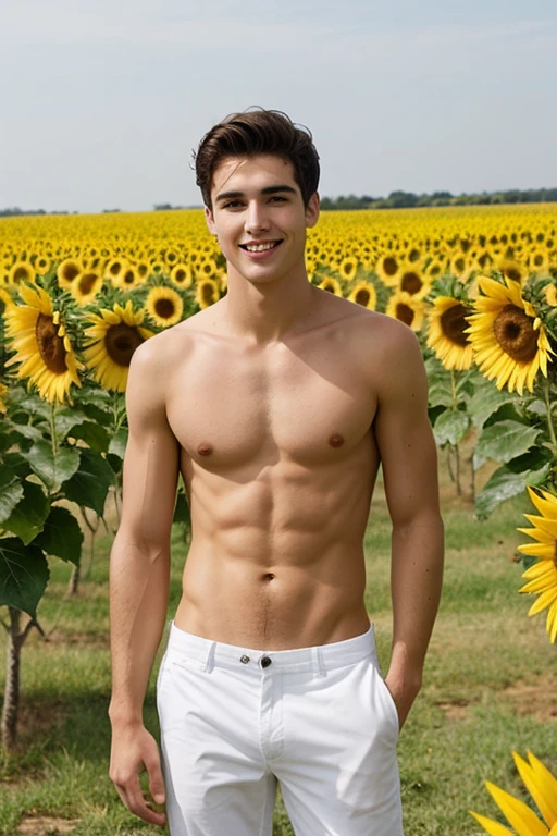Young handsome cute beautiful skinny white face without shirt con un jirasol en un campo de girasol