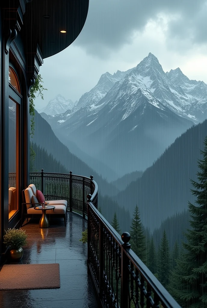 Luxurious balcony showing a mountain view, dark sky, chuva pesada