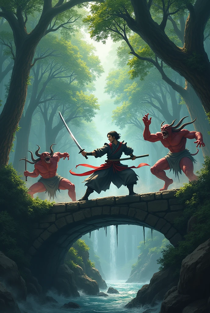 *combat*
Sorry to heat; with a katana ;attacks the demons with his katana;in a bridge surrounded by robust trees, fights with demons in standard 4hd