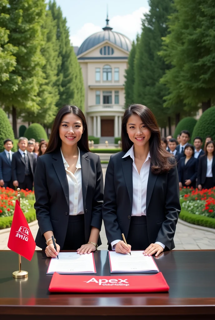 A 2 lady, signing Executive documents,the event takes place Infront of the company's headquarters on its compound.The compound is sorrounded with trees,grass and flowers making beautiful patterns.She faces her audience which has 27 members with all their faces clearly seen and visible with the background clear.On the table is a red flag written Apex Global Holdings.clearer background 