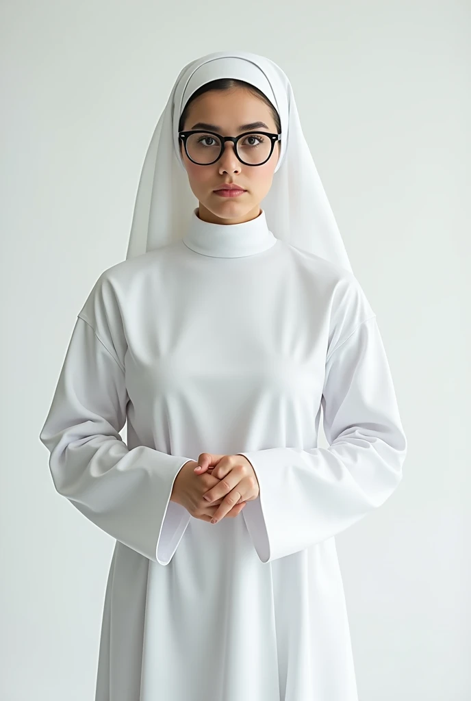 a woman 25 yeras old, wearing glasses and dressed as a nun, slightly worried face, white background, catalog photography. full body
