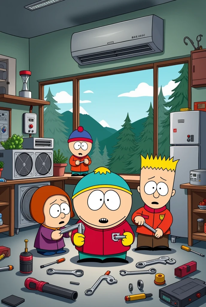 Make a drawing of the South Park series in which the characters are playing with work tools such as polishing wrenches in an air conditioning repair workshop in which there are domestic air conditioners., Refrigerators and work tools on the floor or tables