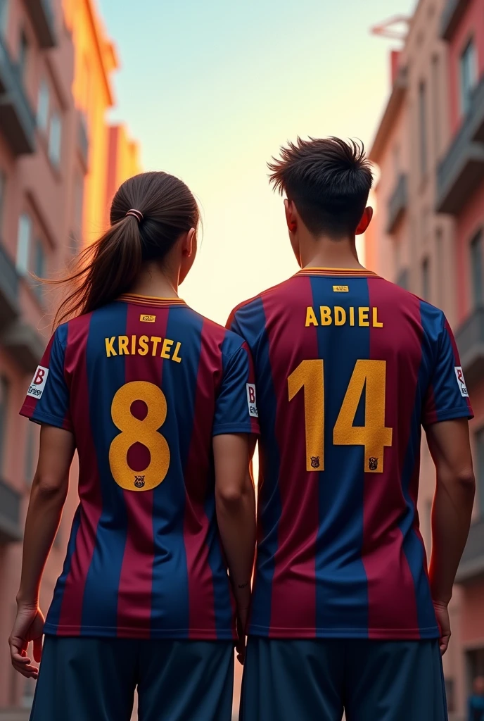 Woman and man from behind with Barcelona shirt number 8 and 14 named Kristel and Abdiel and the woman with her hair tied to one side