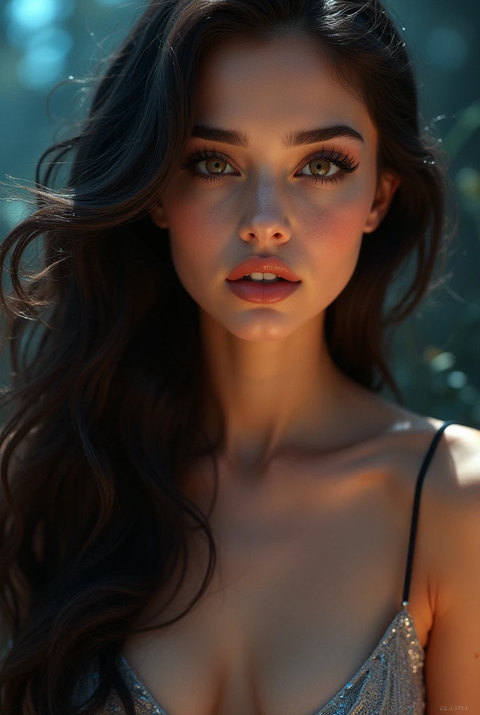 a beautiful young woman, detailed face, large eyes, full lips, flawless skin, long eyelashes, luxurious flowing hair, elegant dress, graceful pose, seductive expression, alluring gaze, mesmerizing beauty, hypnotic charm, femme fatale, dramatic lighting, dramatic contrast, vivid colors, cinematic composition, ethereal, dreamlike, (best quality,4k,8k,highres,masterpiece:1.2),ultra-detailed,(realistic,photorealistic,photo-realistic:1.37)
