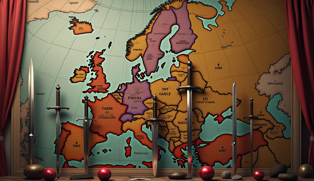 A detailed image showcasing medieval weapons such as maces and swords, arranged over a medieval map of Europe. The scene reflects how warfare led to innovations in technology and military strategy. The image is rendered in the style of Edmund Blair Leighton, with a focus on historical accuracy and artistic elegance, capturing the essence of medieval warfare and its impact on European history., Surrealism, Hyperrealism, UHD, retina, masterpiece, accurate, anatomically correct, textured skin, super detail, high quality, 16k
