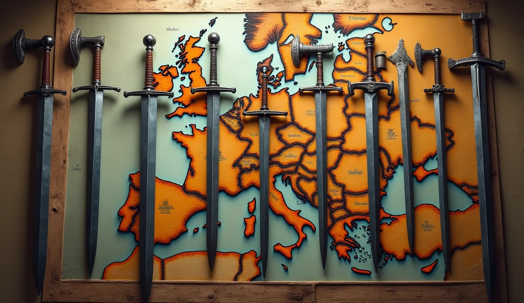 A detailed image showcasing medieval weapons such as maces and swords, arranged over a medieval map of Europe. The scene reflects how warfare led to innovations in technology and military strategy. The image is rendered in the style of Edmund Blair Leighton, with a focus on historical accuracy and artistic elegance, capturing the essence of medieval warfare and its impact on European history., Surrealism, Hyperrealism, UHD, retina, masterpiece, accurate, anatomically correct, textured skin, super detail, high quality, 16k